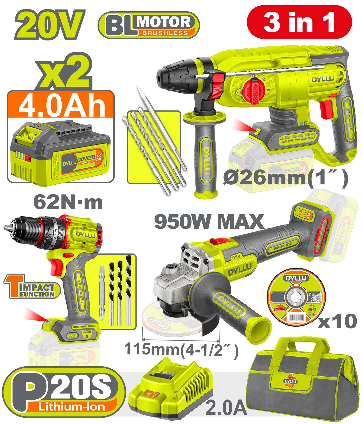 DYLLU DTCK241281 Cordless 3 pcs combo kit